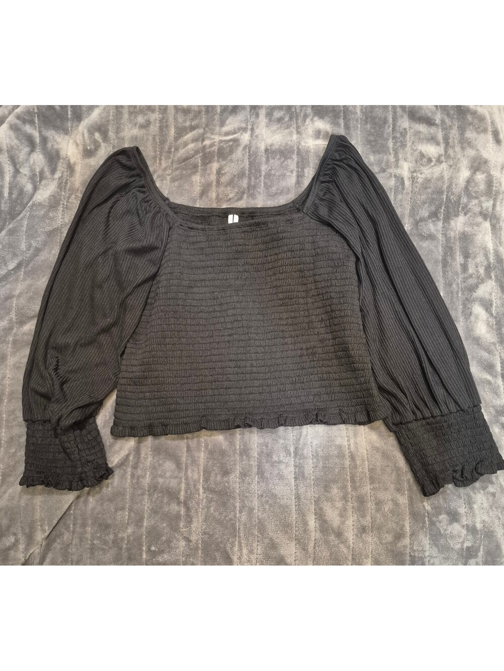 Anthropologie Black Smocked Square Neck Balloon Sleeve Bls